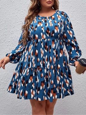 EUC SHEIN EMERY ROSE Plus Allover Print Lantern Sleeve Ruffle Hem Dress: Sz 0XL